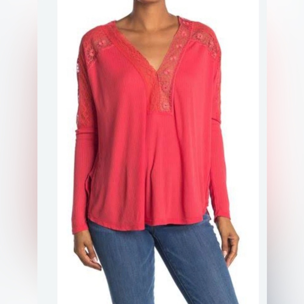 Free People Lola Lace Trim V-Neck Top XS